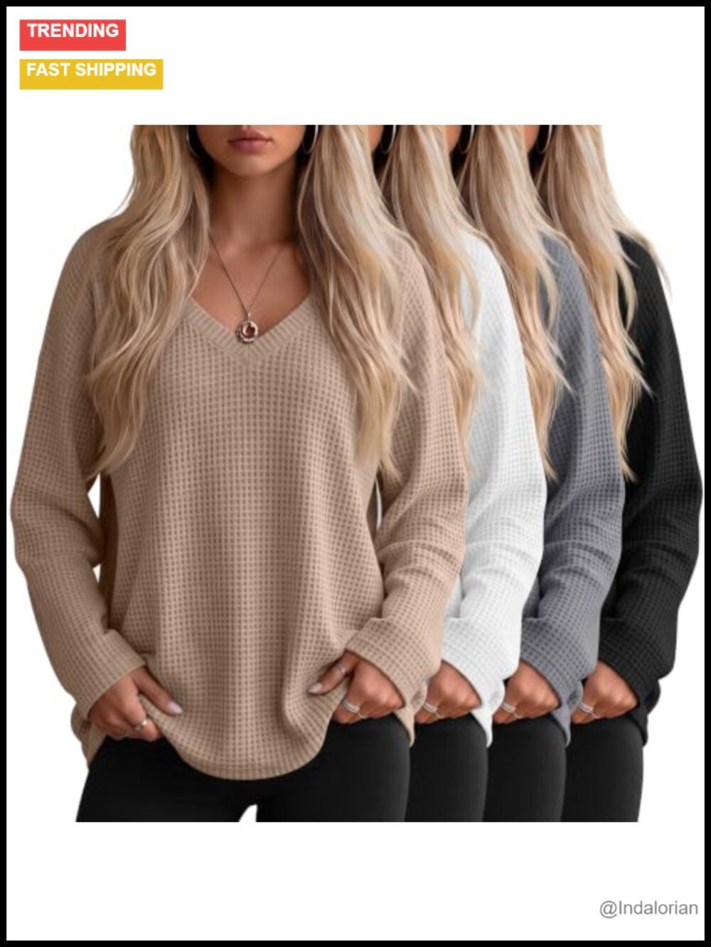Waffle Knit Long Sleeve V Neck Oversized Sweatshirt Top